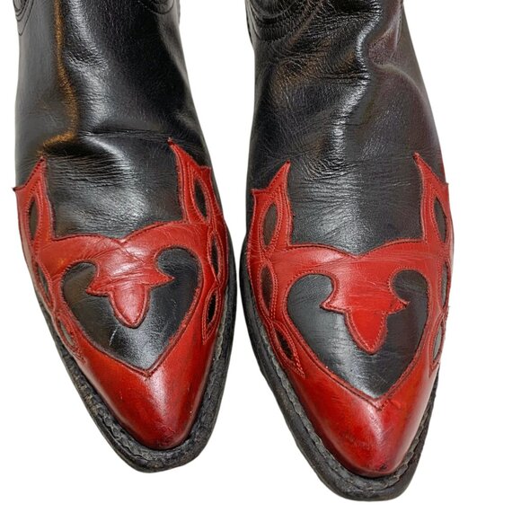 Vintage Dan Post Black Leather Red Inlaid Leather Cowgirl Boots - Picture 6 of 12